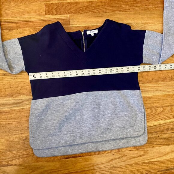 Madewell Sz Small V-neck Color-block Split-hem Sweatshirt Back Zip NavyBlue Gray - Picture 7 of 10